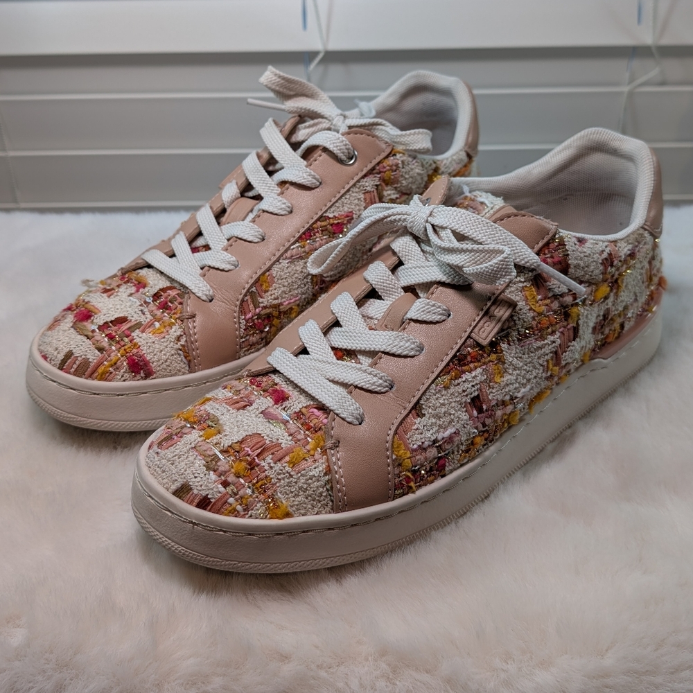 Coach Lowline Tweed Sneakers | Size 7.5 | Multicolor Pink & White Tweed with Box - Picture 2 of 16